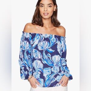 Like new Lilly Pulitzer Lou Lou Top in the "In Reel Life" print Medium Blue Pink